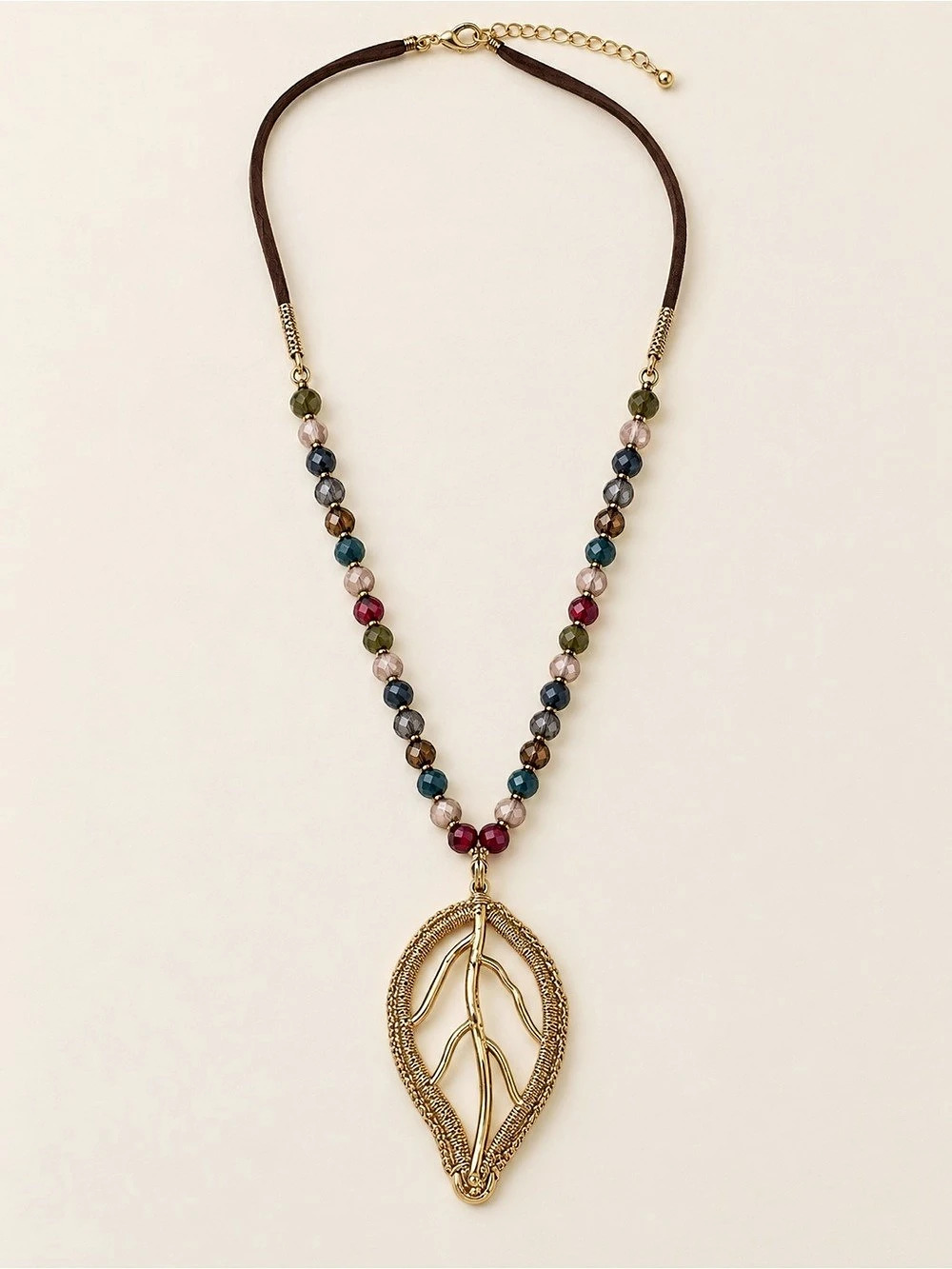 Gold-Tone Leaf Pendant Beaded Necklace with Brown Suede Cord